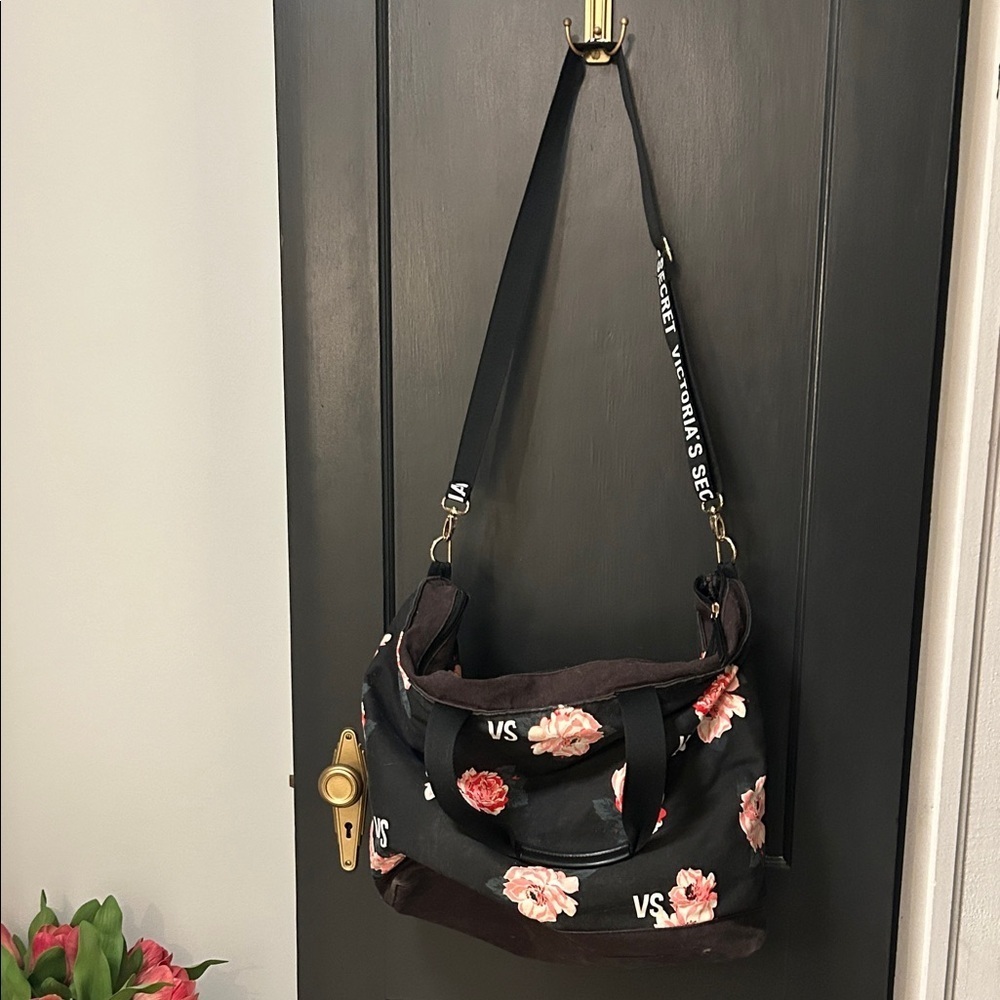 Victoria's Secret Black and Pink Floral Shoulder Bag Duffel